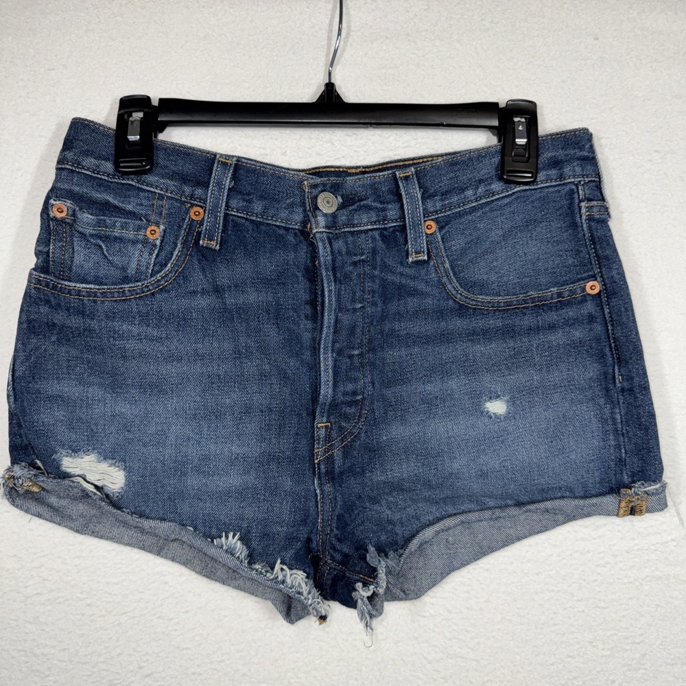Levis 501 Premium Shorts Womens 28 Blue High Rise Distressed Cutoff Denim